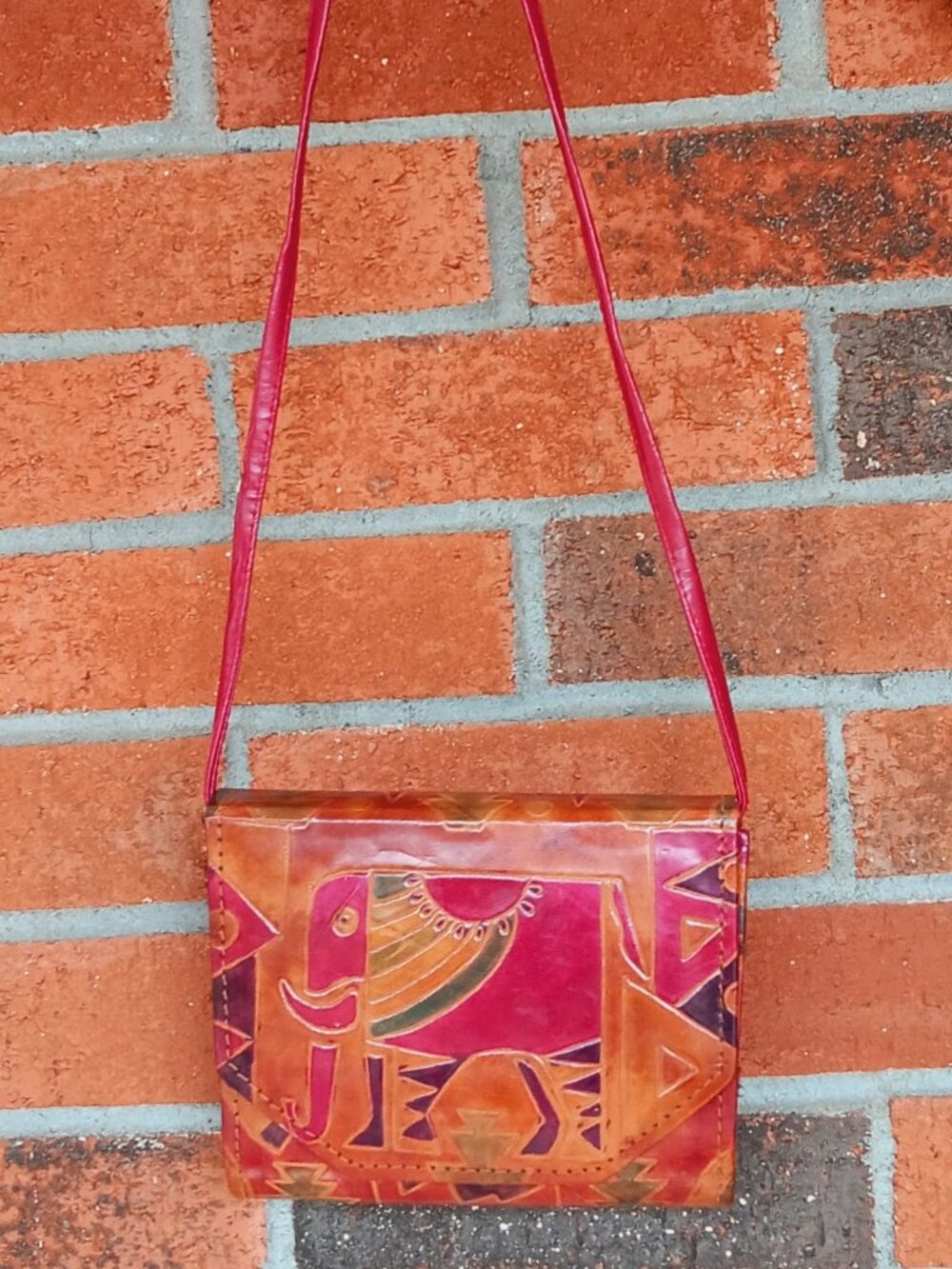 Vintage Indian Red Leather Elephant Handbag | Boho Crossbody Shoulder Bag